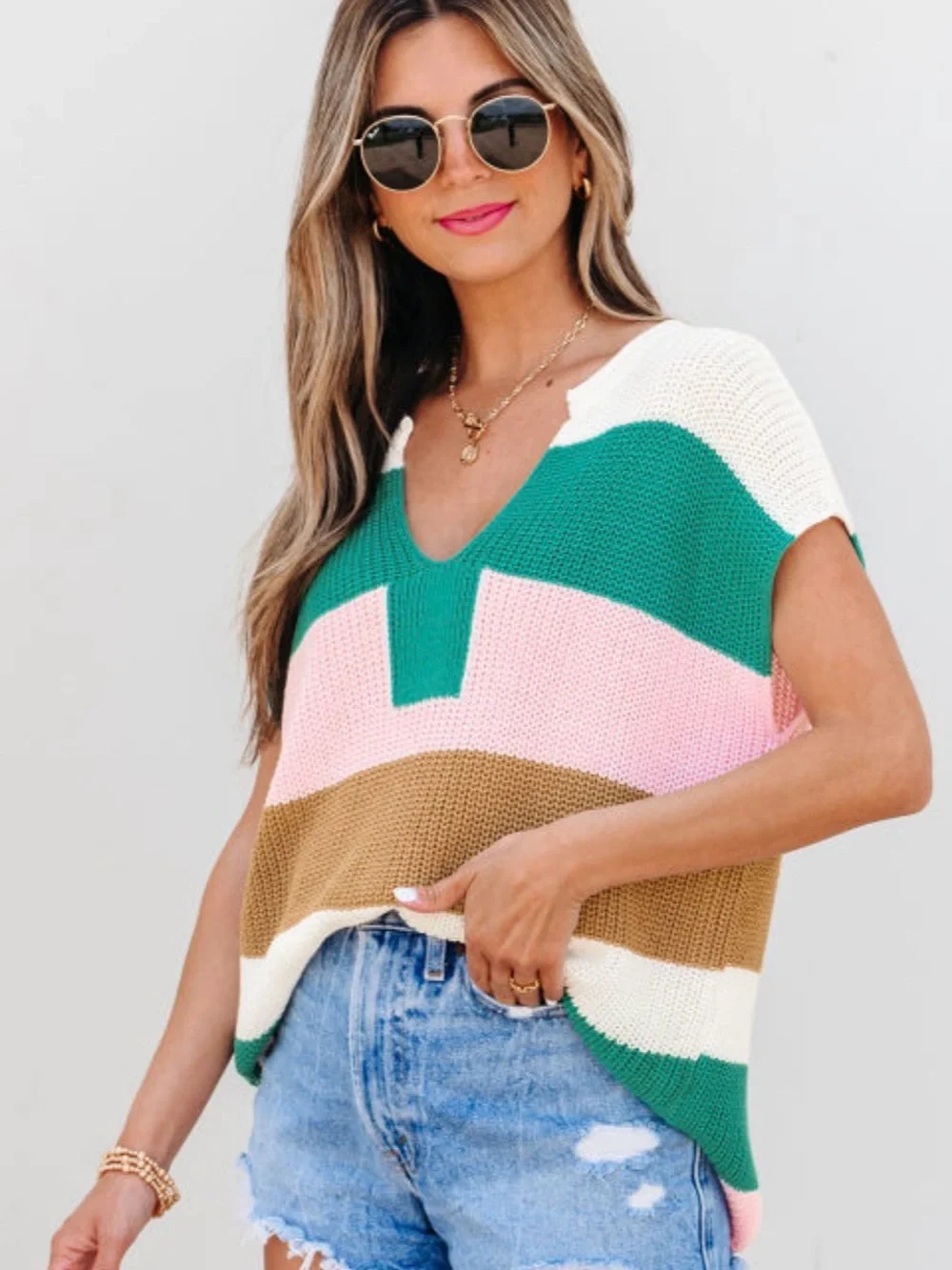 Knit Colorblock V-Neck Sleeveless Sweater Vest - Pink/Green/White